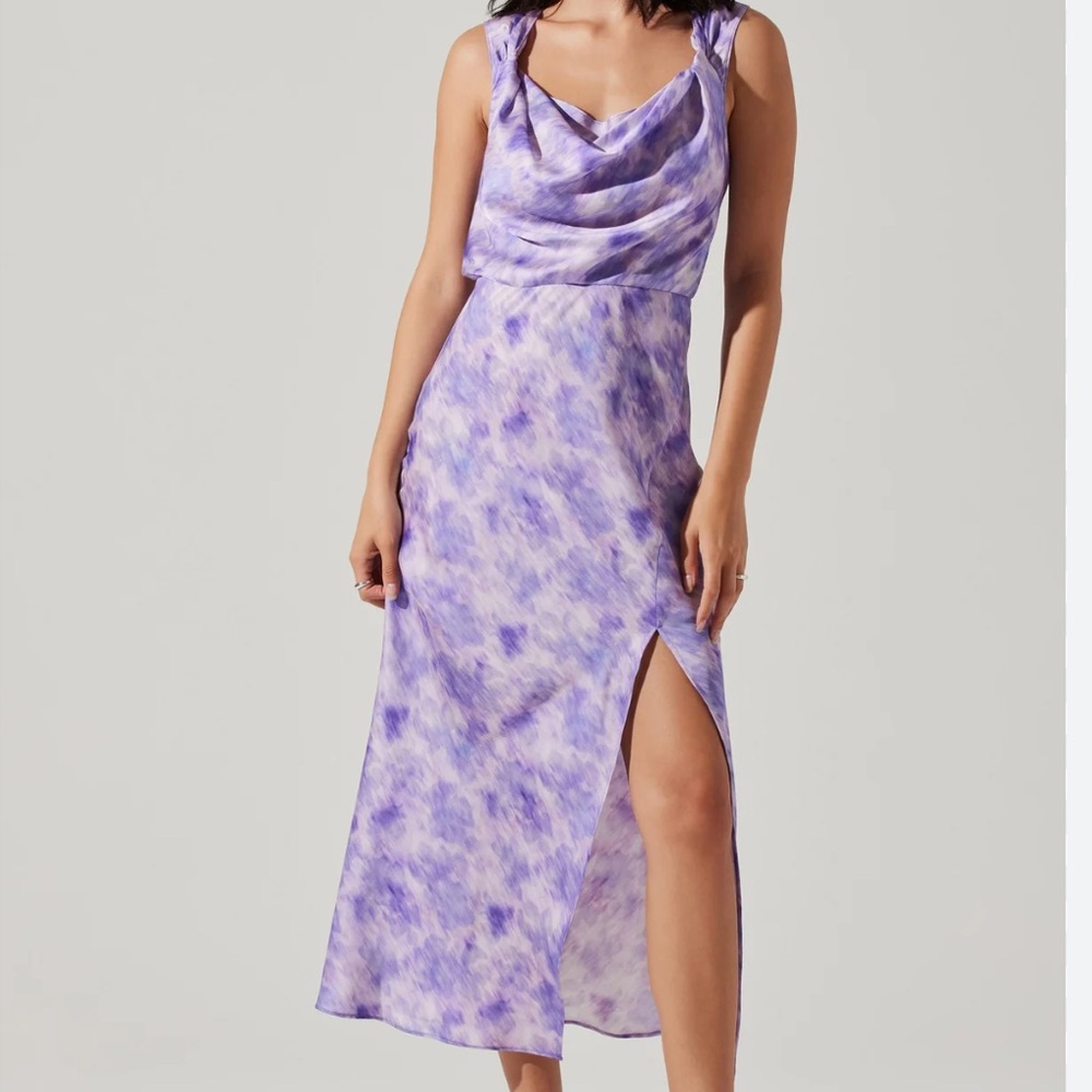 ASTR the label Elin cowl neck purple abstract dress